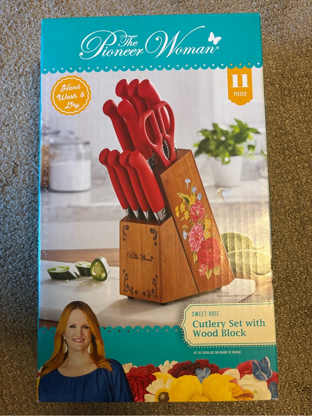 The Pioneer Woman Red Sweet Rose Knife Set with Floral Wood Block